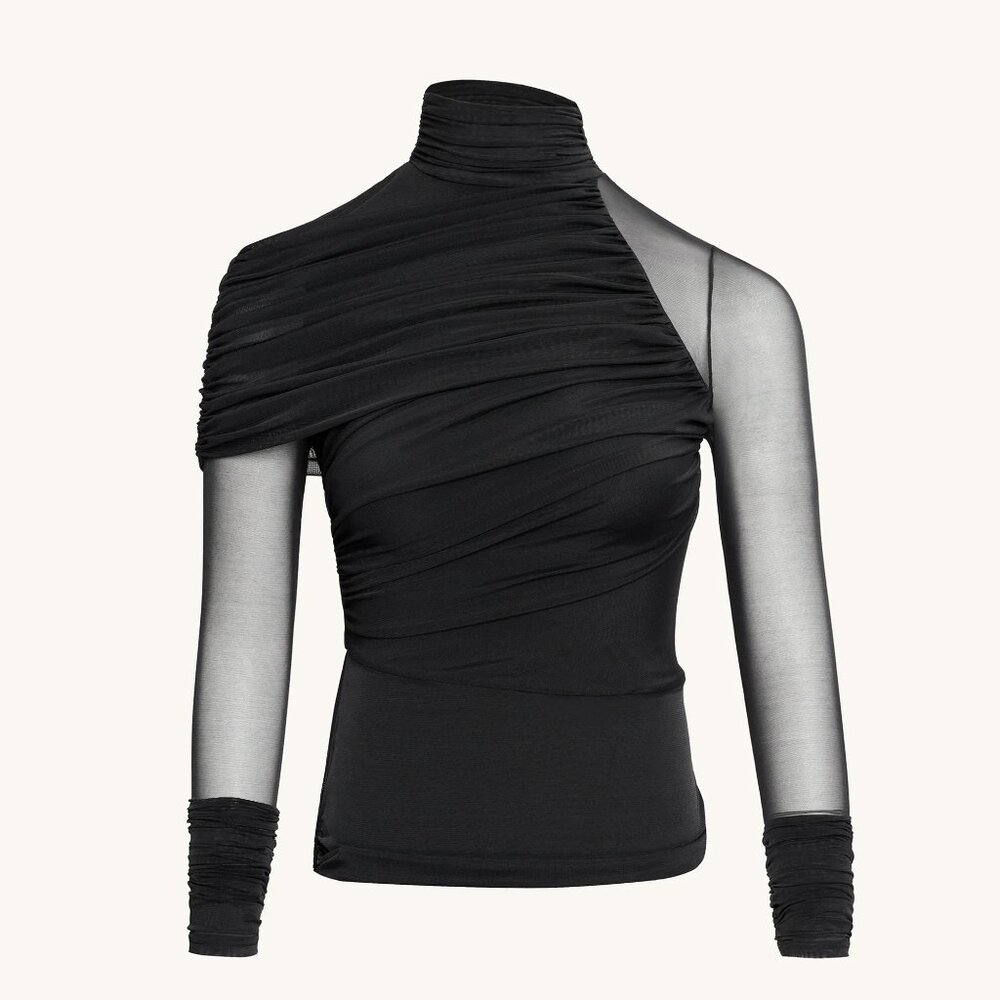 Sheer Mesh Ruched Turtleneck Top - Black - Picture 1 of 2